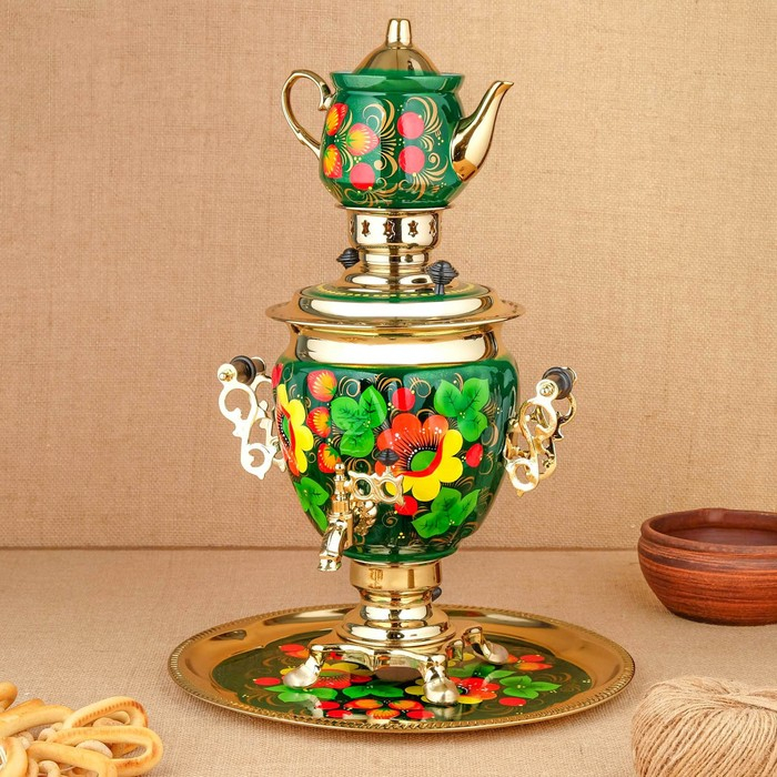 Набор &laquo;Маки на зелёном&raquo;, жёлудь, 3 предмета, самовар 3 л, заварочный чайник 0,7 л, поднос