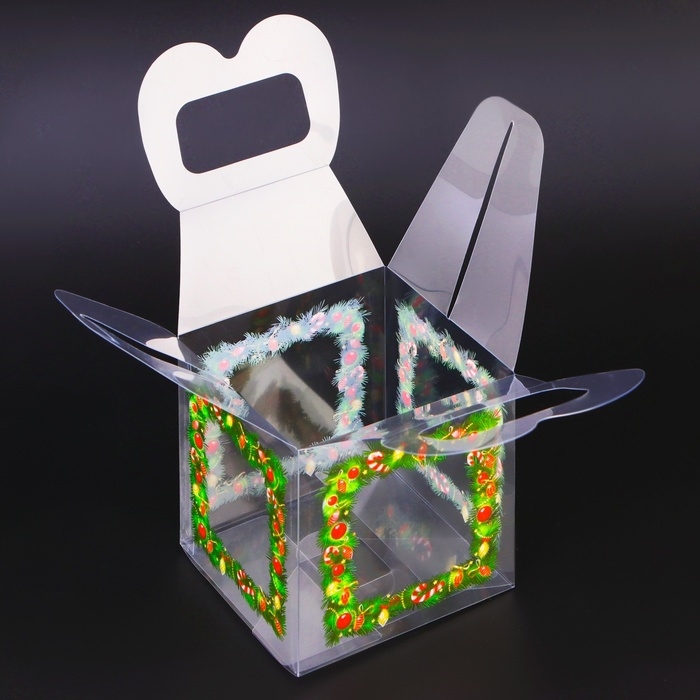 Новый год. Коробка подарочная новогодняя складная ПВХ Новый год. Коробка подарочная новогодняя складная ПВХ "Новогодние игрушки" 10 х 10 х 10 см.