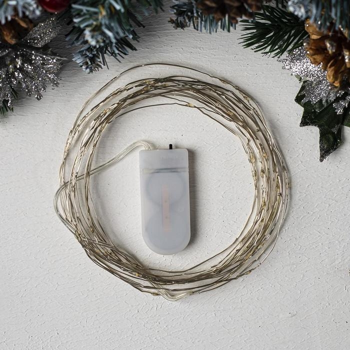 Гирлянда &laquo;Нить&raquo; 5 м роса, IP20, серебристая нить, 50 LED, батарейки CR2032х2 (в комплекте), свечение фиолетовое