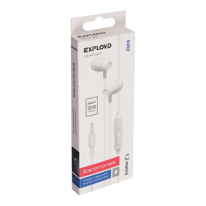 Наушники Exployd EX-HP-1471, вакуумные, микрофон, проводные, 108 дБ, 1.2 м, 3.5 мм, белые