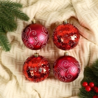 Набор шаров пластик d-8 см, 4 шт "Ночка" узоры, красный Набор шаров пластик d-8 см, 4 шт "Ночка" узоры, красный