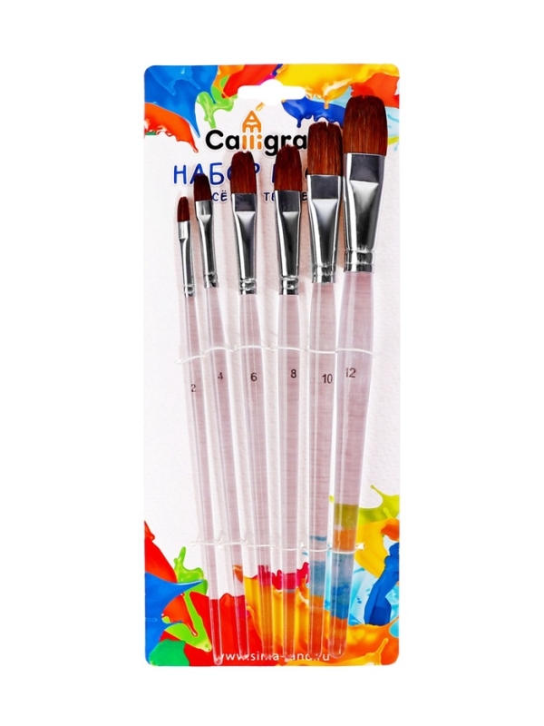 Набор кистей пони-синтетика плоские 6 штук с прозрачными ручками (№2,4,6,8,10,12)