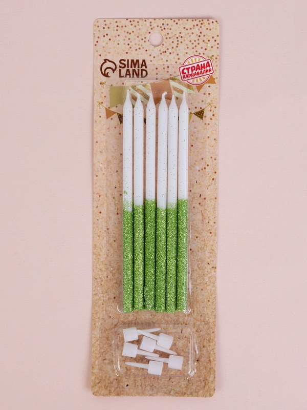 Свечи для торта "Блестящее сияние", 6 шт, белые с зелёным