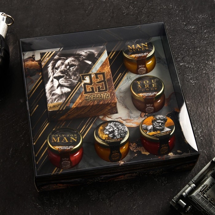 Подарочный набор &laquo;23 Февраля&raquo;: крем-мёд 5 шт. х 30 г., чёрный чай 50 г.