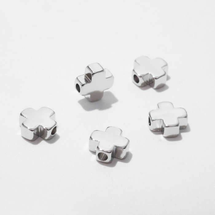 Бусина-разделитель родированная &laquo;Крестик&raquo;, 5&times;5 мм, d(вн.)=1мм, (набор 10 шт.), цвет серебро