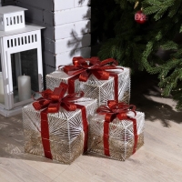 Светодиодная фигура &laquo;Подарки с золотистой нитью&raquo; 15, 20, 25 см, текстиль, металл, батарейки ААх2 (не в комплекте), свечение тёплое белое