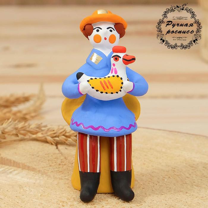 Дымковская игрушка "Мужик сидячий с петухом", 11 см, микс