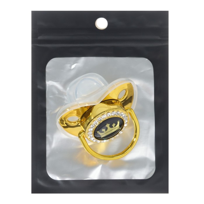 Соска - пустышка силиконовая ортодонтическая &laquo;Корона&raquo;, от 12 мес., с колпачком, цвет золотой/черный, стразы