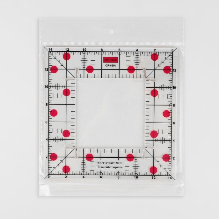 Линейка для квилтинга и пэчворка, с отверстием, 15 × 15 см, толщина 3 мм, цвет прозрачный/розовый Линейка для квилтинга и пэчворка, с отверстием, 15 × 15 см, толщина 3 мм, цвет прозрачный/розовый