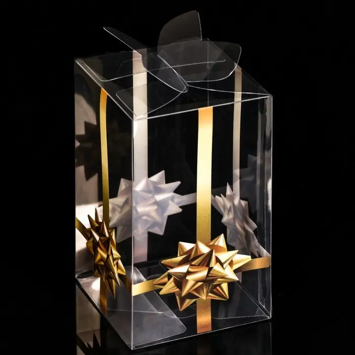 Складная прозрачная коробка из PVC, для упаковки подарков, &laquo;Золотой бантик&raquo;, 6&times;6&times;10 см