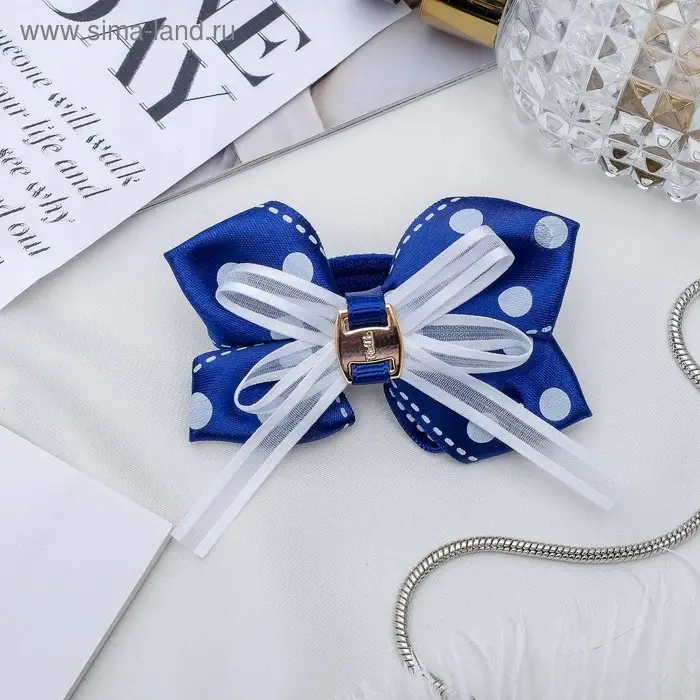 Резинка для волос бант &laquo;Школьница&raquo;, горох, 7 см, бело-синяя