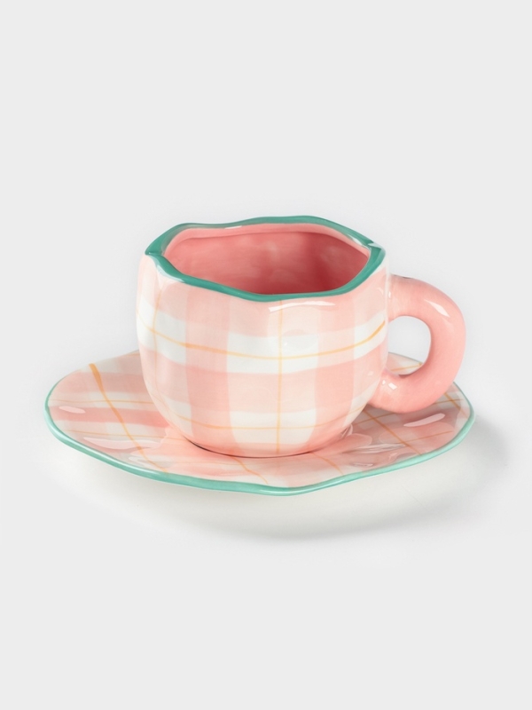 Чайная пара Доляна &laquo;Розовая клетка&raquo;, чашка 220 мл, блюдце d=16 см, ручная роспись, керамика, белая