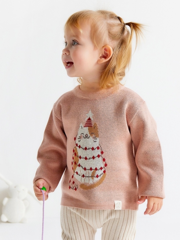 Джемпер вязаный новогодний Крошка Я "Зимний котик" рост 80-86 см, цвет розовый