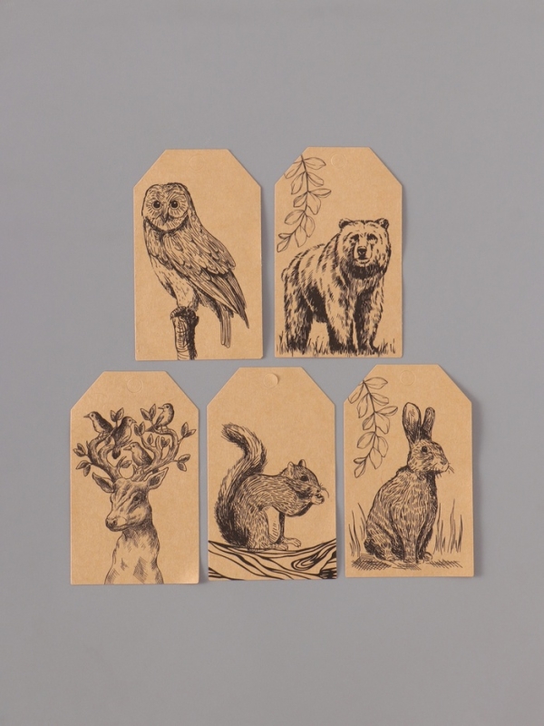 Наклейка бумага крафт "Бирки. Лесные животные" 3х5 см 200 шт в рулоне