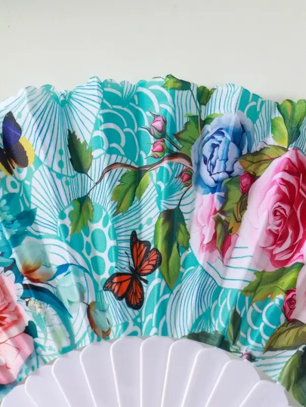 Веер пластик, текстиль "Цветы и узоры" МИКС широкие лопасти, золото 23 см