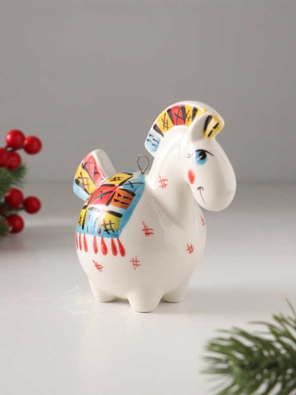 Ёлочный фарфоровый шар "Лошадь Пэчворк" /авторская роспись/, 11 см