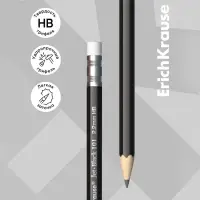 Карандаш чернографитный с ластиком Erich Krause &laquo;Jet Black 101&raquo;, HB, грифель d=2.2 мм, дерево, шестигранный в тубусе, чёрный корпус
