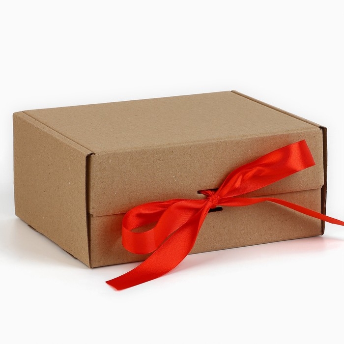 Коробка подарочная складная, упаковка, &laquo;Крафт, красная лента&raquo;, 22 х 16.5 х 10 см