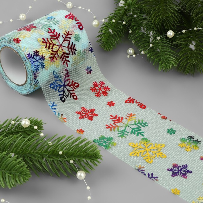 Новый год! Фатин со снежинками, с разноцветным тиснением, 7,5 см, 11 &plusmn; 1 г/кв.м, 9,1 &plusmn; 0,5 м, цвет голубой №11