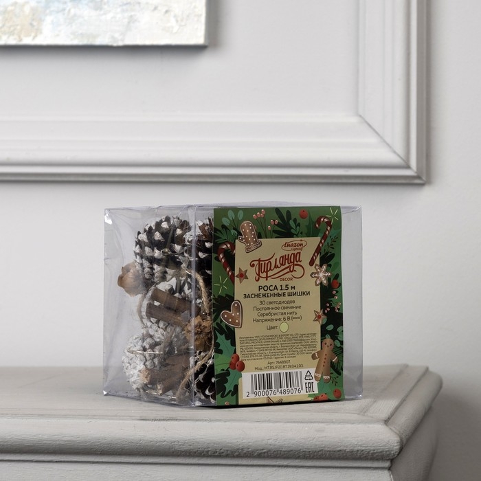 Гирлянда &laquo;Нить&raquo; 1.5 м роса с насадками &laquo;Заснеженные шишки&raquo;, IP20, серебристая нить, 30 LED, батарейки CR2032х2 (в комплекте), свечение тёплое белое