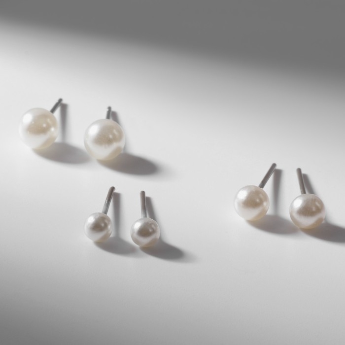 Пусеты в коробке 108 пар &laquo;Жемчужинки&raquo;, 4, 5, 6 мм, цвет молочный в серебре