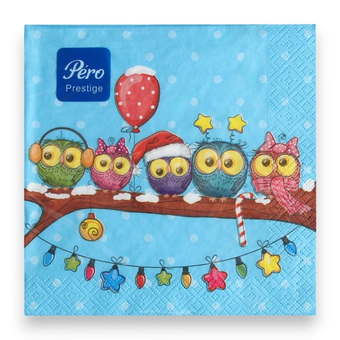 Новогодние салфетки бумажные Pero Prestige «Совята», 3 слоя, 33х33, 20 шт. Новогодние салфетки бумажные Pero Prestige «Совята», 3 слоя, 33х33, 20 шт.