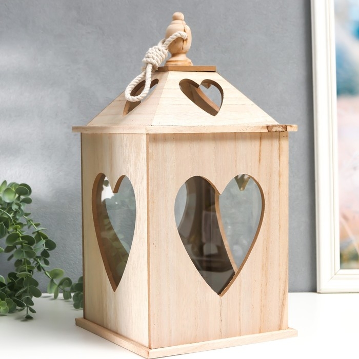 Подсвечник дерево "Фонарь домик с сердцами" набор 2 шт 28х14,5х14,5; 38х19,5х19,5 см