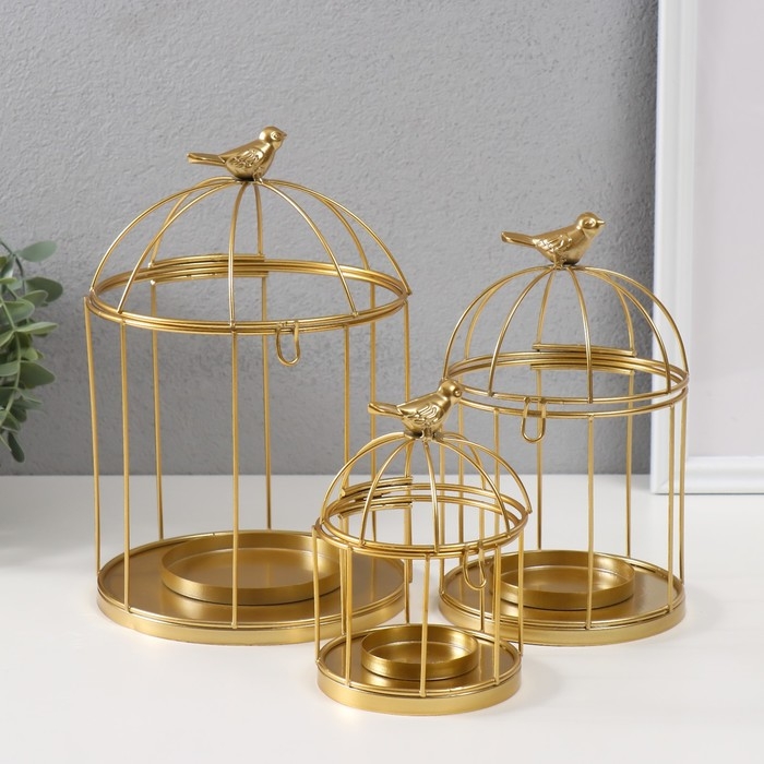 Подсвечник металл "Птичка на клетке" н-р 3 шт d=5;6;8 см золото 9,5х15,5; 12х21; 15,5х25 см   101825