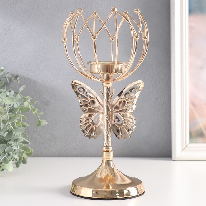 Подсвечник металл на 1 свечу "Бабочка и геометрическая лилия" d-5,5 см золото 11х11х27 см