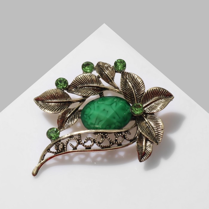 Брошь &laquo;Оливка&raquo; на ветке, цвет зелёный в чернёной бронзе
