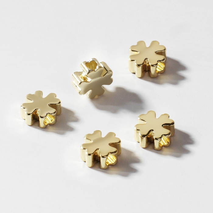 Бусина-разделитель родированная &laquo;Клевер&raquo;, 5&times;5 мм, d(вн.)=2мм, (набор 10 шт.), цвет золото