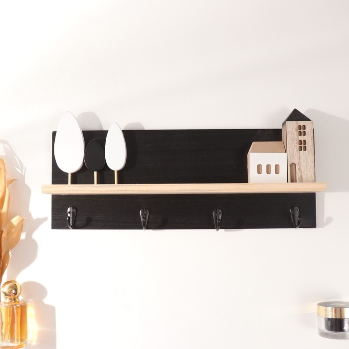 Крючки декоративные дерево с полочкой Крючки декоративные дерево с полочкой "Домики и деревья" чёрный 5х39,5х18 см