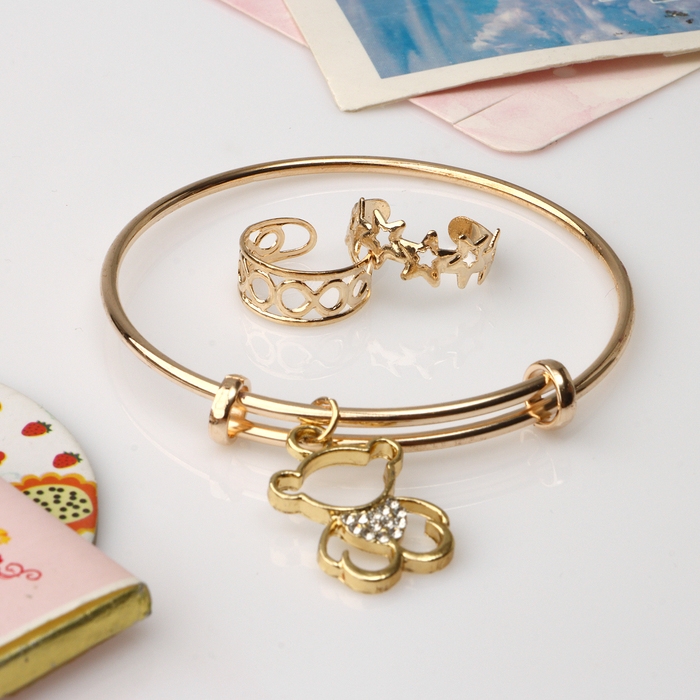 Набор детский &laquo;Выбражулька&raquo; 3 предмета: браслет, 2 кольца, медвежонок, цвет белый в золоте