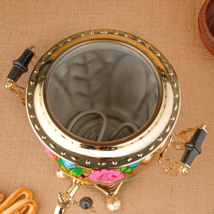 Набор &laquo;Цветы на золотом&raquo;, жёлудь, 3 предмета, самовар 3 л, заварочный чайник 0,7 л, поднос