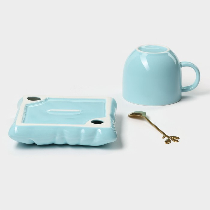 Чайная пара керамическая с ложкой &laquo;Зефирка&raquo;, 2 предмета: чашка 250 мл, блюдце d=13 см, цвет голубой