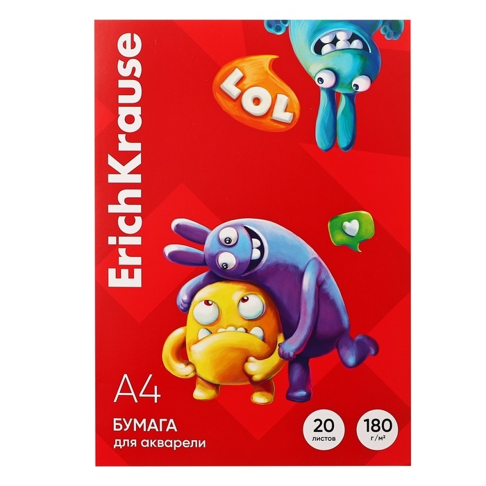 Бумага для акварели А4, 20 листов, ErichKrause Jolly Friends, блок 180 г/м&sup2;, 100% белизна, в картонной папке
