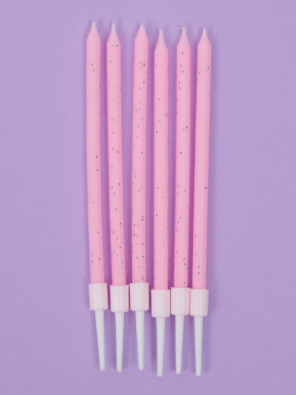 Свечи для торта "Розовая вечеринка", 6 шт, блестящие розовые