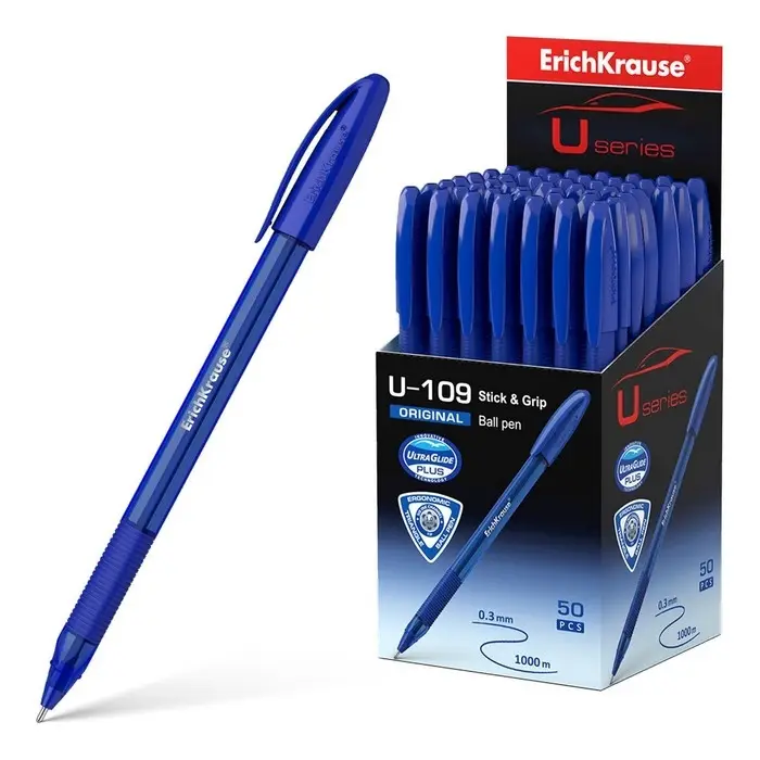 Ручка шариковая ErichKrause U-109 Original Stick&Grip, игольчатый узел 1.0 мм, чернила синие, резиновый держатель, супермягкое письмо