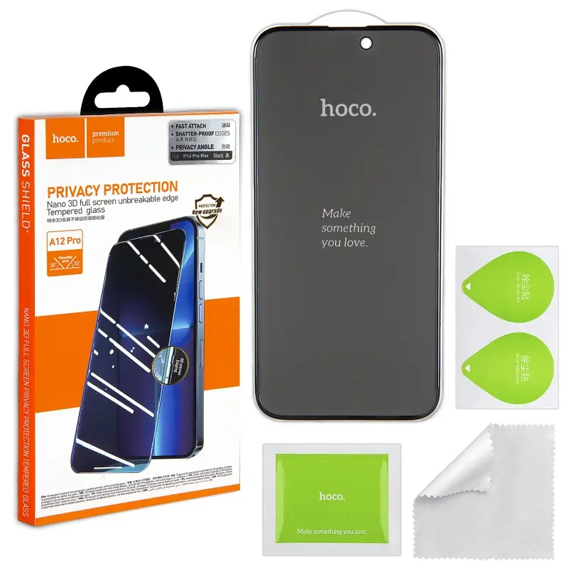 Защитное стекло iPh 14 Pro Max (6.7) 3D black (A12 Pro) HOCO Privace усиленые края