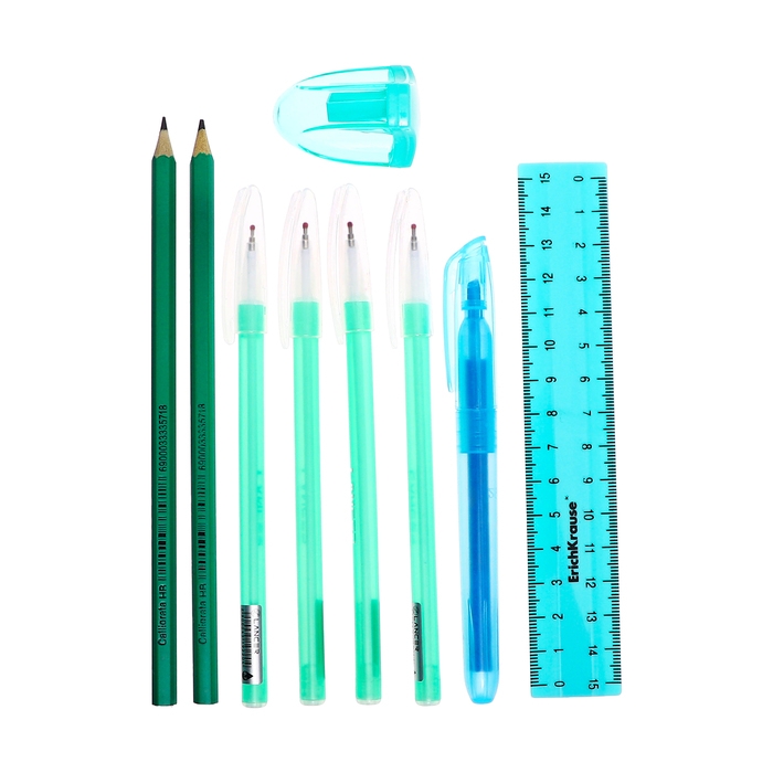 Набор канцелярский 10 предметов (Пенал-тубус 65 х 210 мм, ручки 4 штуки цвет синий , линейка 15 см, точилка, карандаш 2 штуки, текстовыделитель), бирюзовый