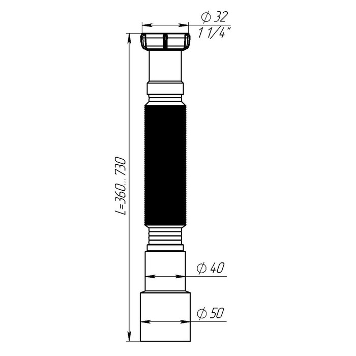 Труба гофрированная Aquant , 1 1/4" х 40/50 мм, L=360-730 мм