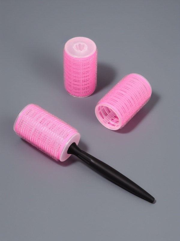 Бигуди-липучка с насадкой d4см (наб 3 шт цена за наб) розовый пакет QF