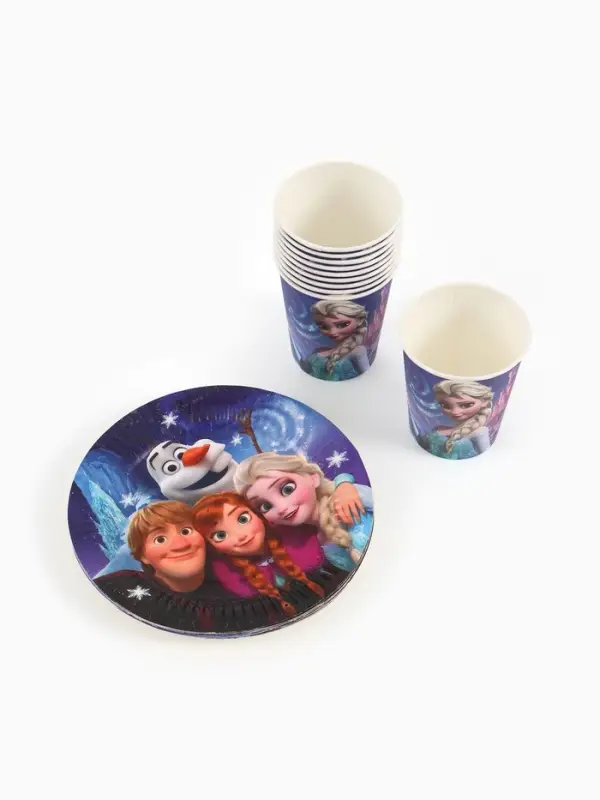 Посуда одноразовая бумажная на 10 персон: стаканы, тарелки, скатерть, Снежная принцесса
