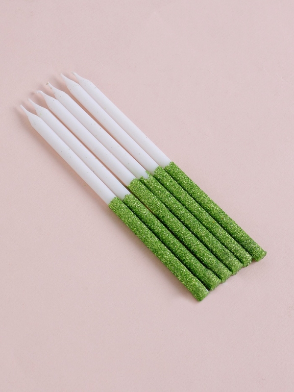Свечи для торта "Блестящее сияние", 6 шт, белые с зелёным