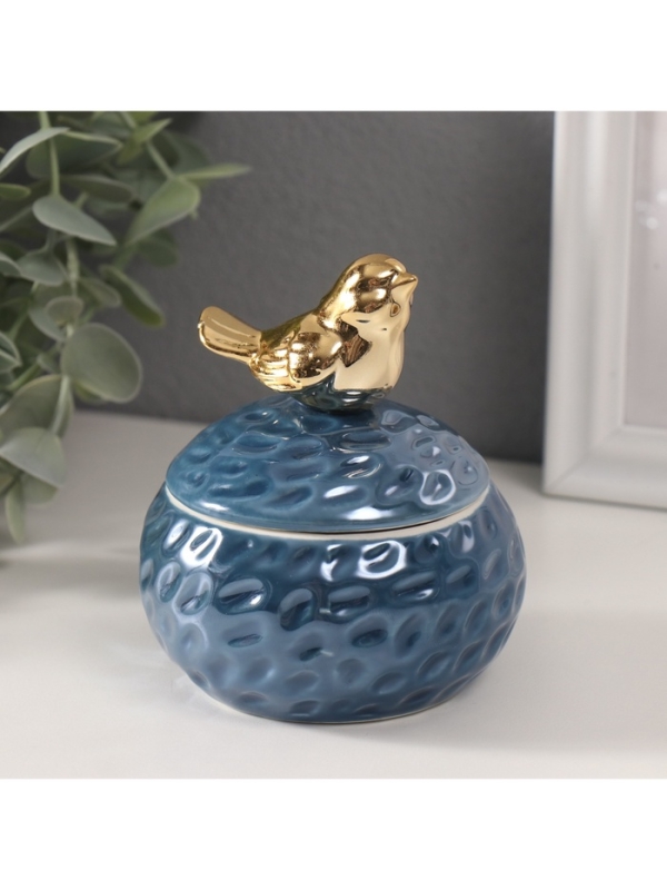 Шкатулка керамика "Золотая птичка на гнезде" синий перламутр 8,5х8,5х10 см