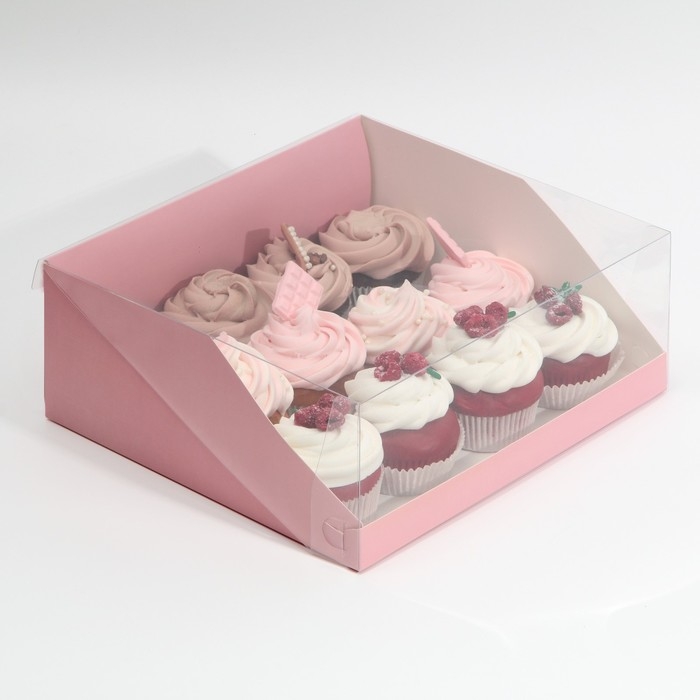 Коробка кондитерская с PVC-крышкой, упаковка, &laquo;Розовый&raquo;, 25 х 22,5 х 10 см