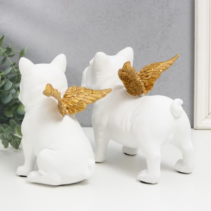 Сувенир полистоун "Бульдоги с крыльями" белый набор 2 шт 16,5х10,5х13,5 16,5х11,5х18,5 см