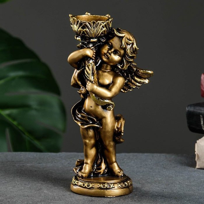 Подсвечник "Ангелочек" в правой руке, золото, 14х8х22 см, для свечи d=4 см