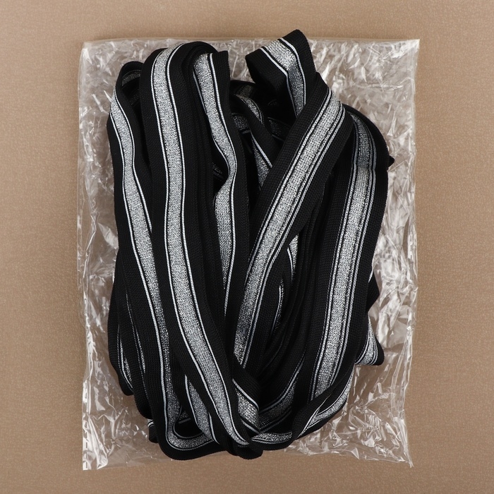 Тесьма трикотажная лампас 25 мм, 9 &plusmn; 0,5 м, цвет чёрный/серебряный