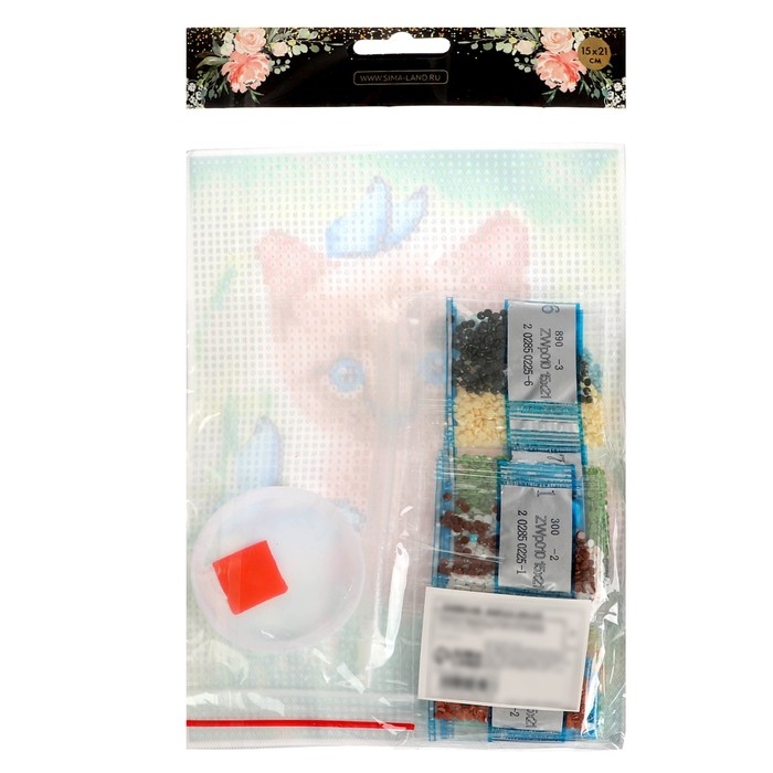 Алмазная мозаика с полным заполнением на холсте &laquo;Котёнок с бабочками&raquo;, 15 х 21 см